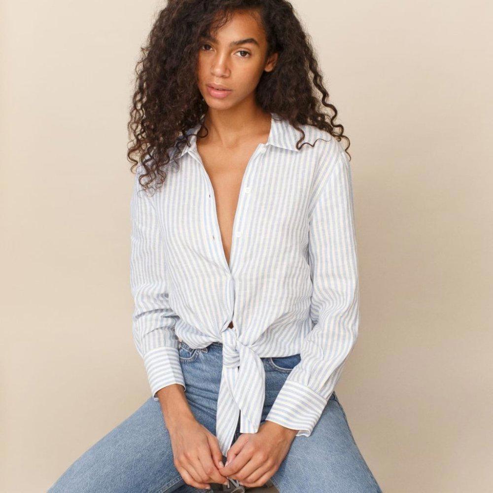 Reformation Anzio Linen Top Striped Tie Front